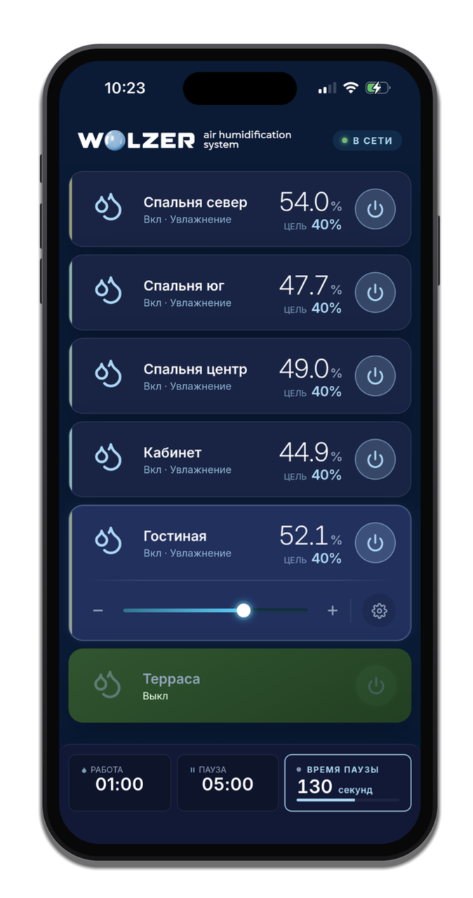 Обновлённые интерфейсы центральной панели и смартфона Wolzer AHS.